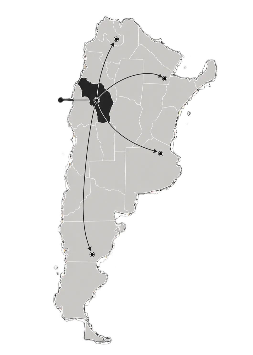 Mapa de Argentina con La Rioja destacada y rutas de envío hacia todo el país